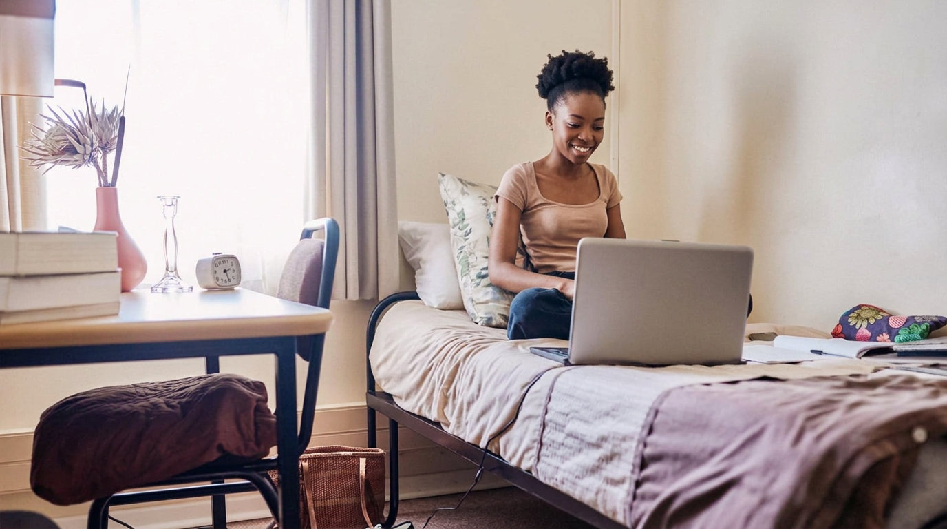 Student studying from her furnished Johannesburg residence